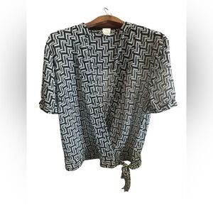 Covington Sheer Black & White Geometric Tie-Front Blouse Size XL Wrap Around Top